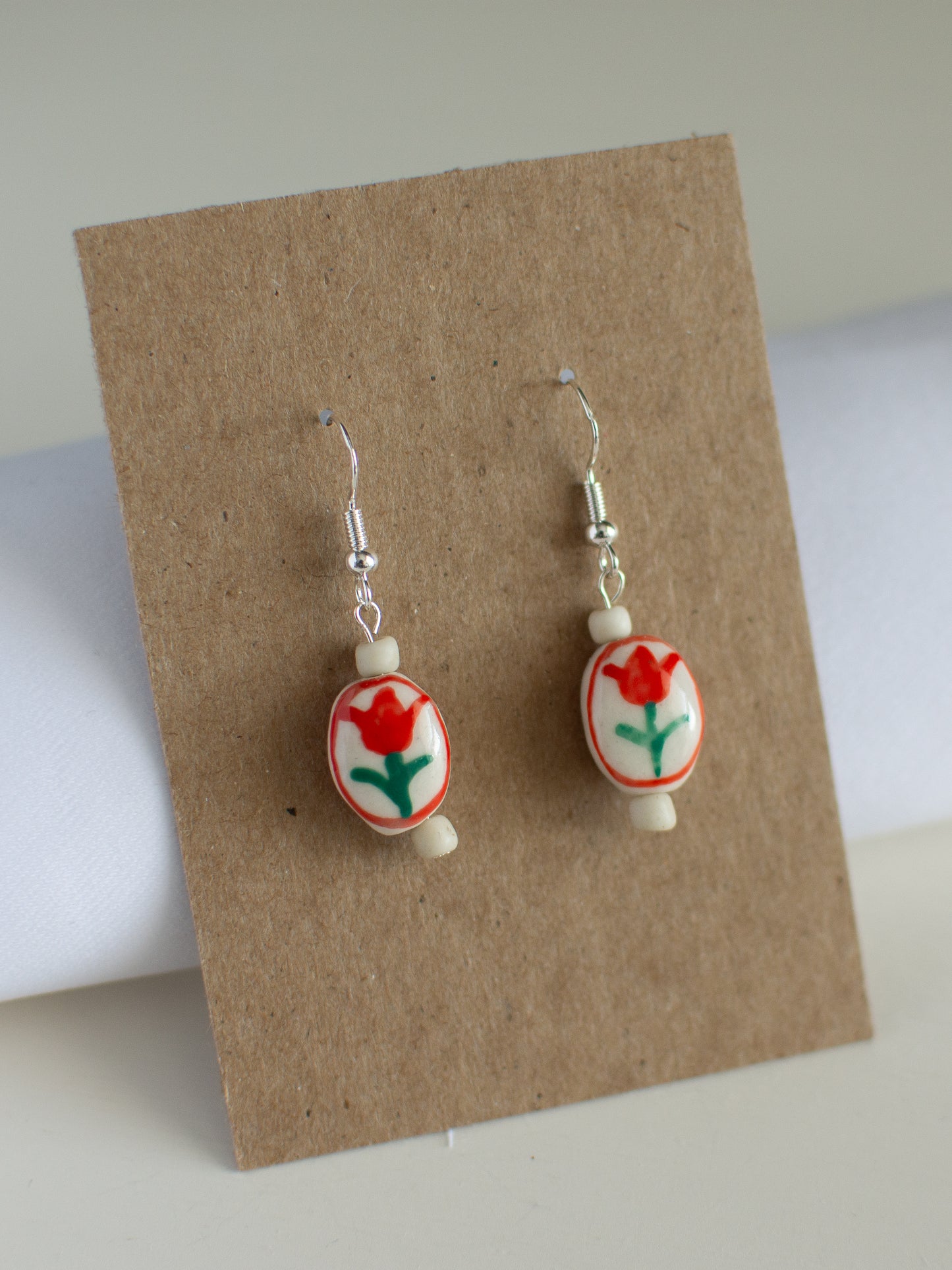 Sterling Silver Ceramic Red Tulip Earrings