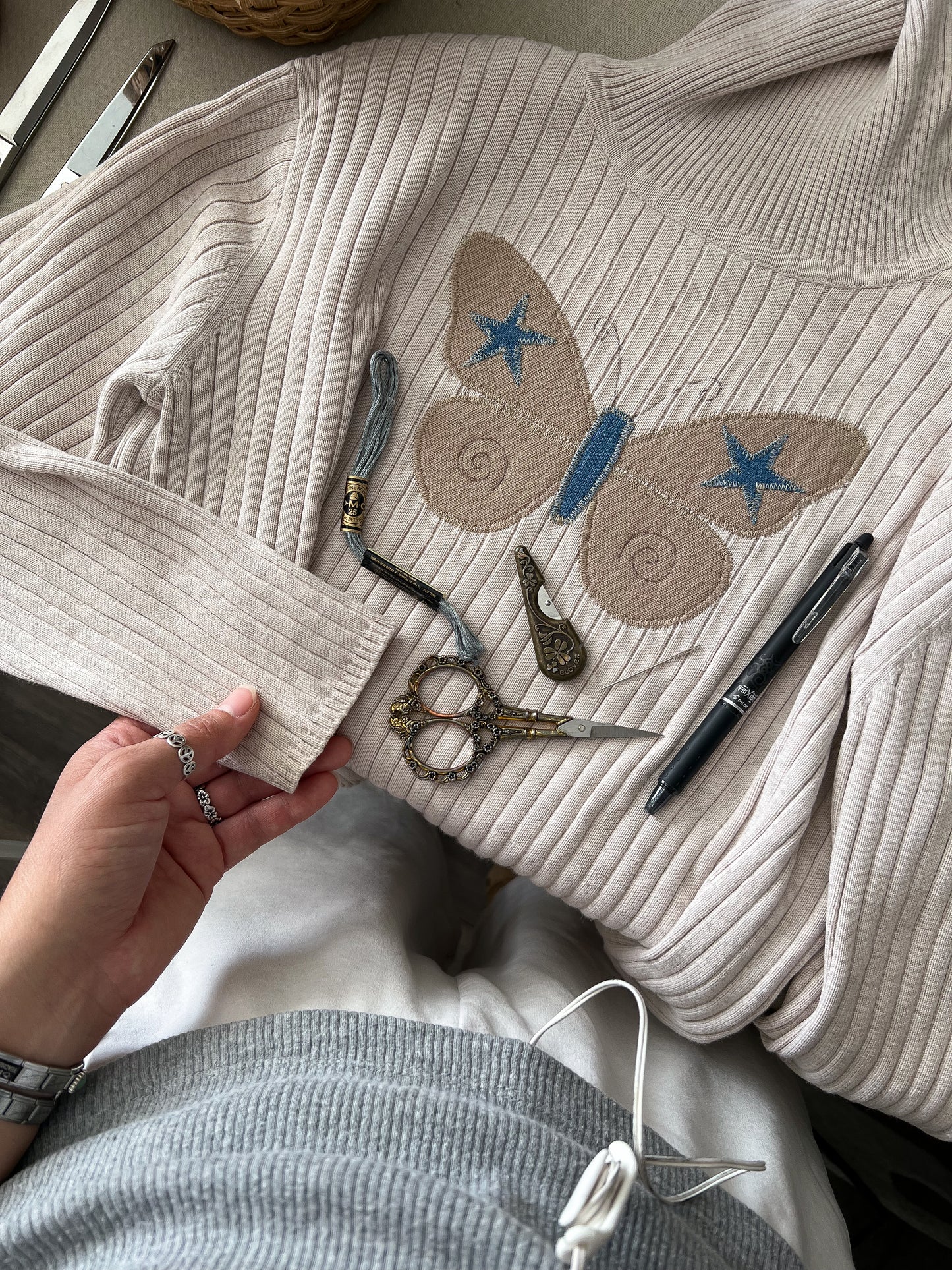 Reworked Large Butterfly Appliqué Hand-embroidered Talbots Turtleneck Top