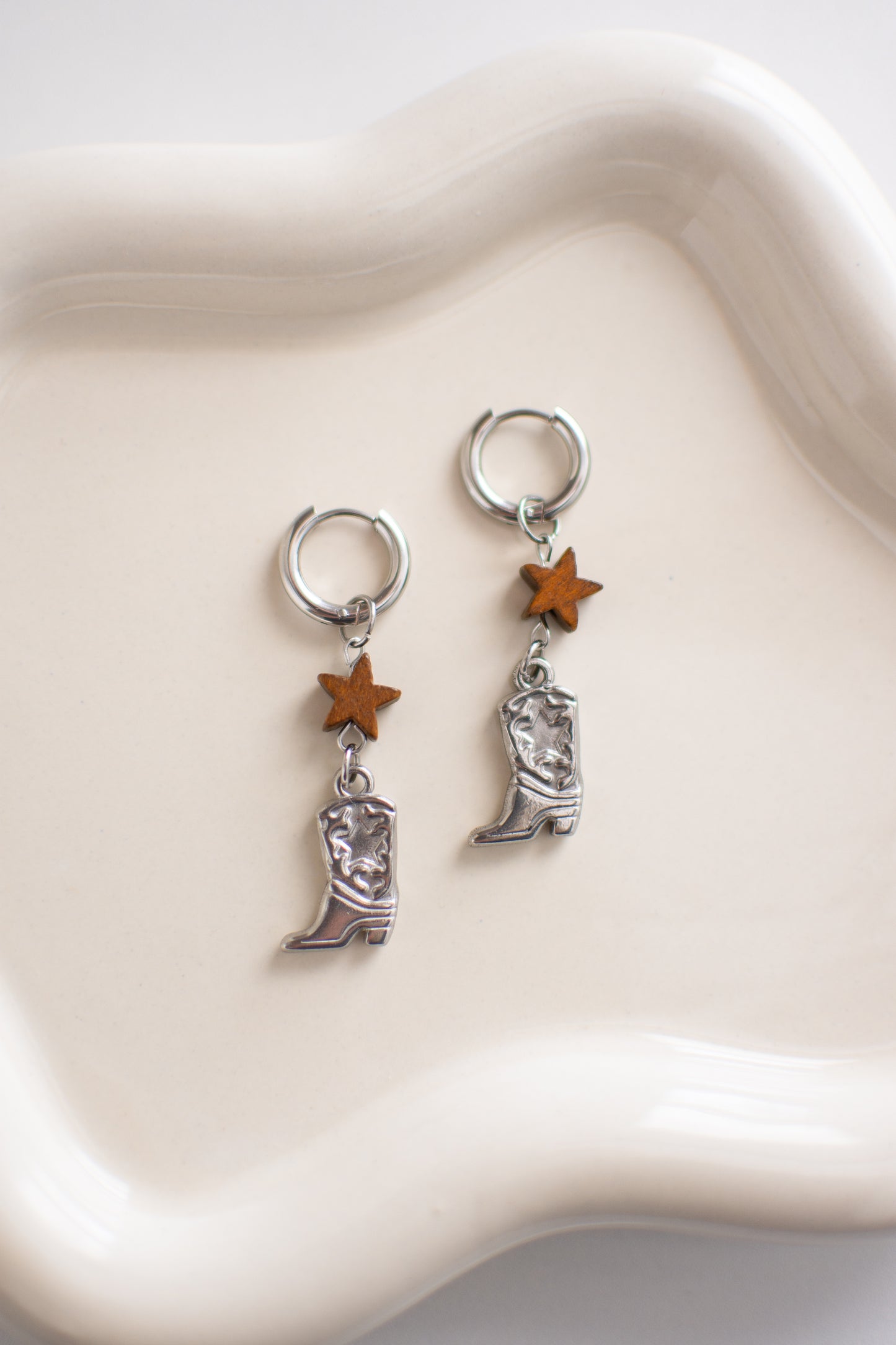 Stainless Steel Cowboy Boots & Wood Stars Earrings
