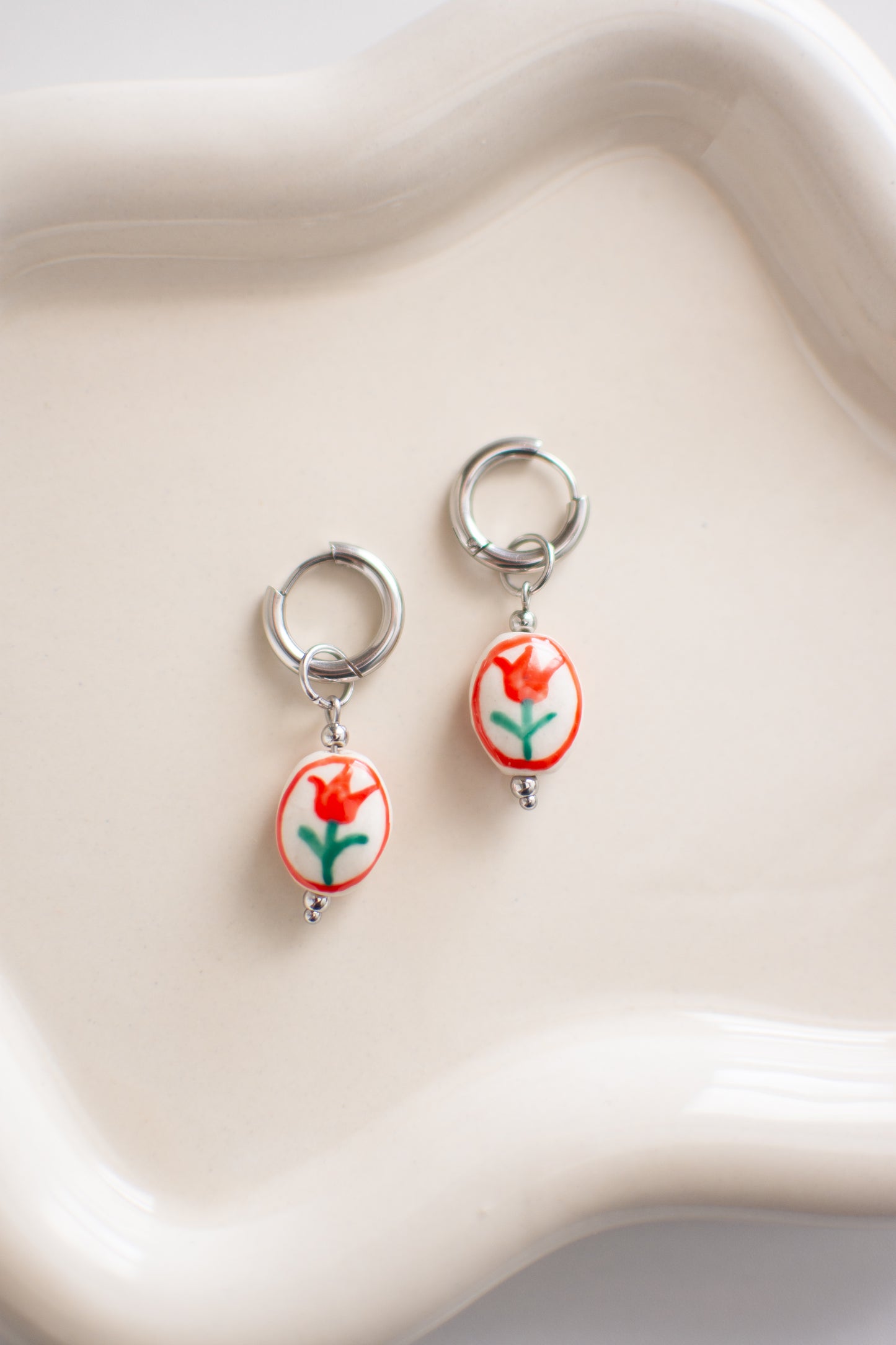 Stainless Steel Ceramic Red Tulip Earrings