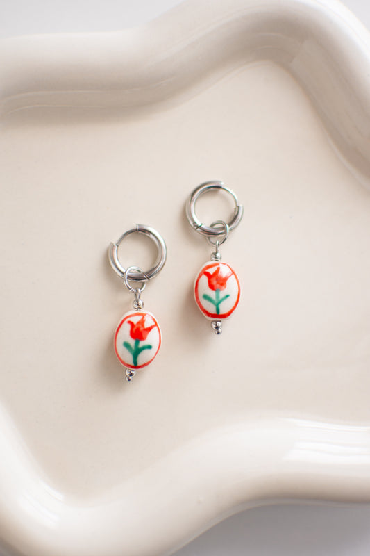 Stainless Steel Ceramic Red Tulip Earrings