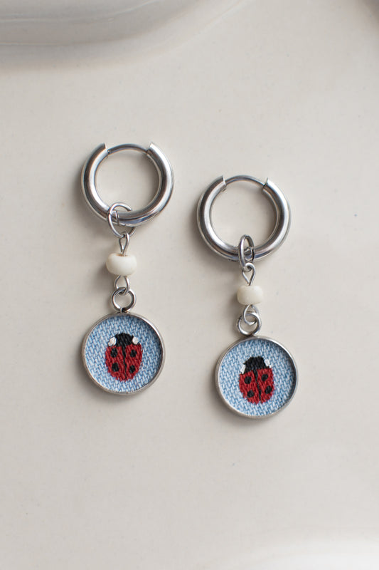 Stainless Steel Hand-painted Ladybugs on Up-cycled Fabric Earrings