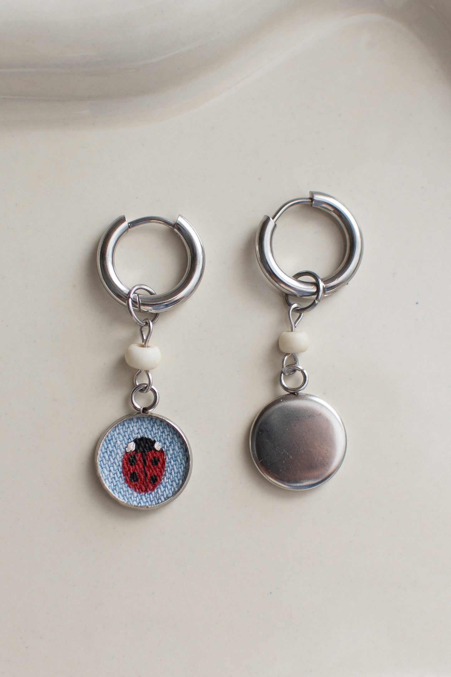 Stainless Steel Hand-painted Ladybugs on Up-cycled Fabric Earrings