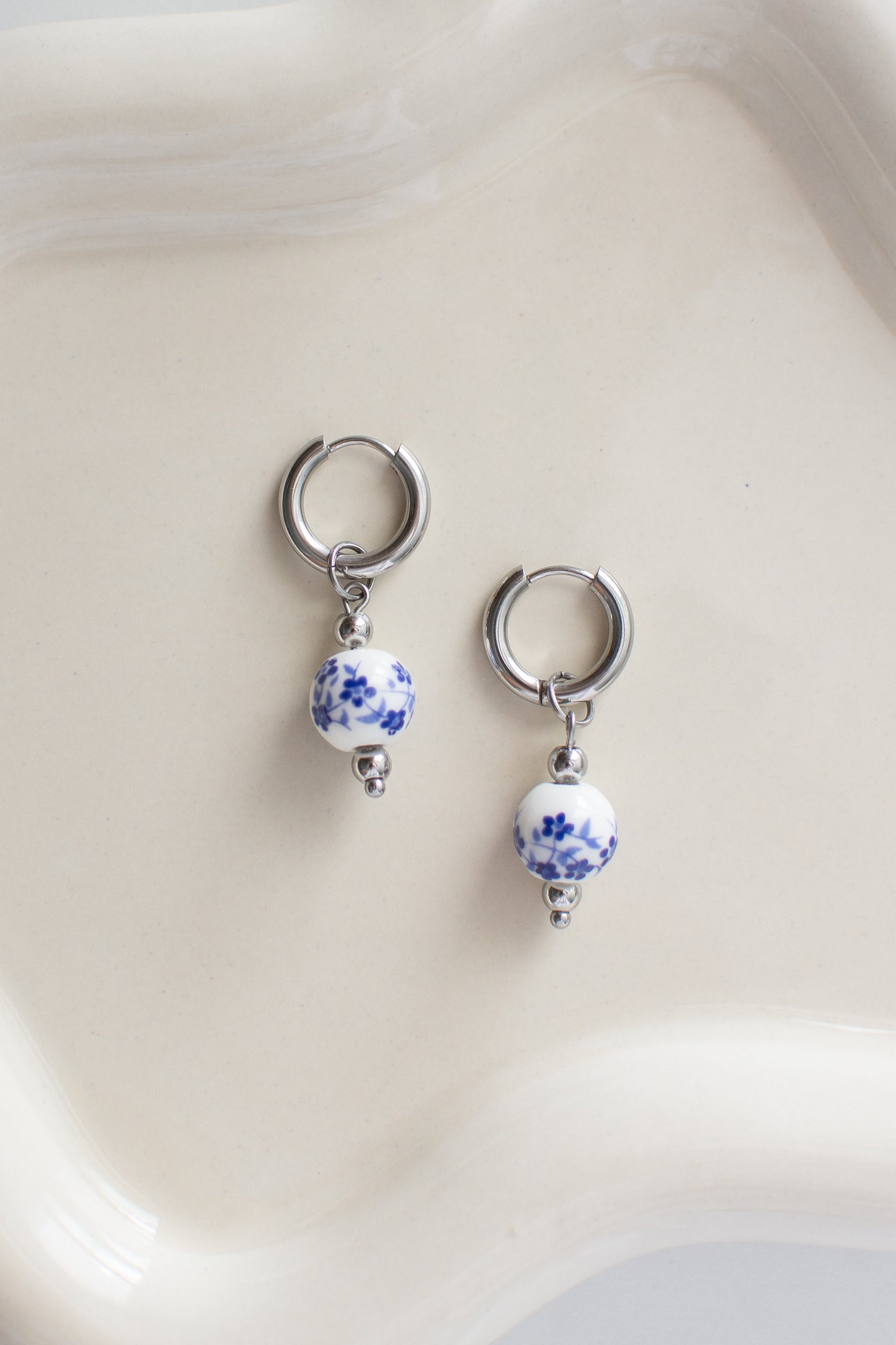 Stainless Steel Ceramic Blue Floral Earrings