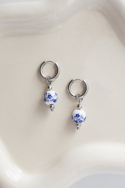 Stainless Steel Ceramic Blue Floral Earrings