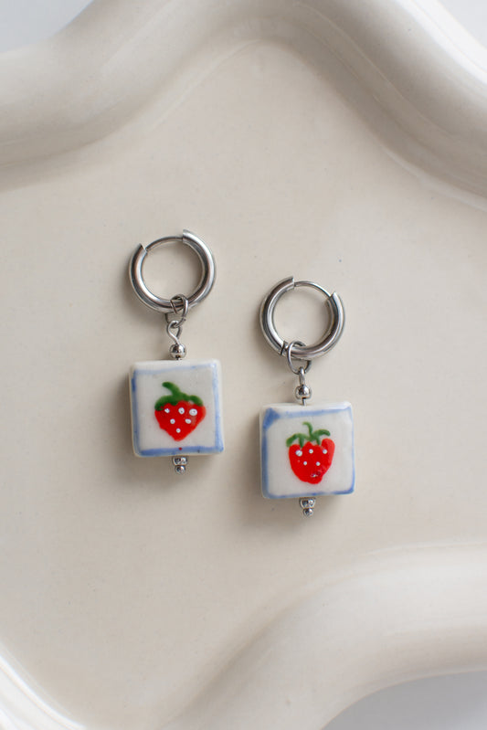 Stainless Steel Ceramic Strawberry Earrings
