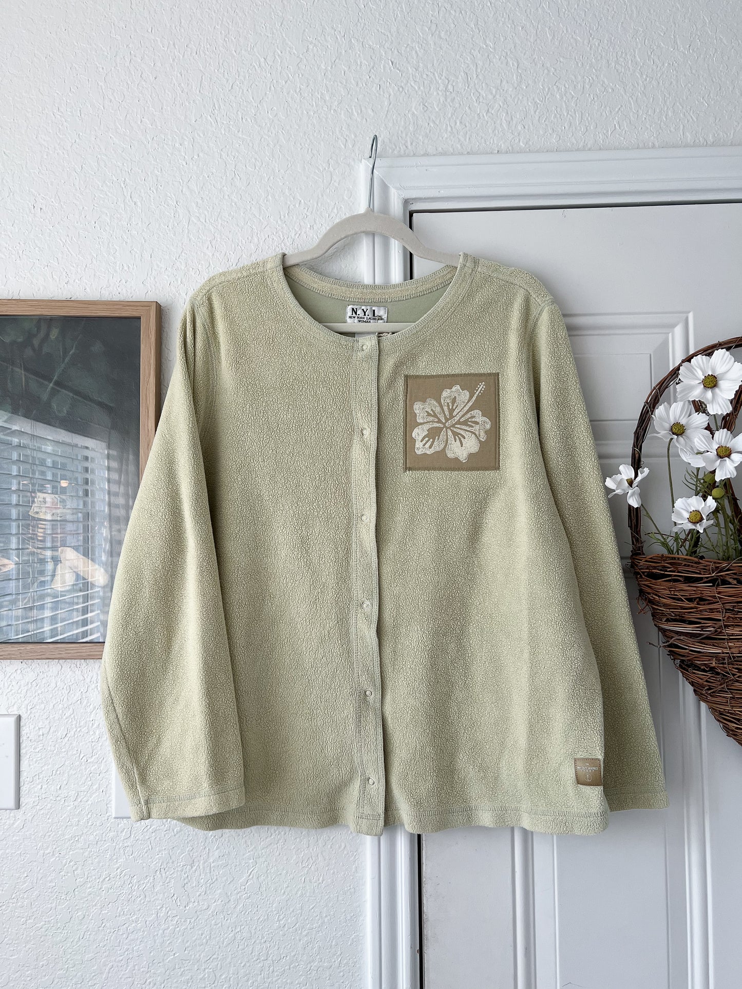 Reworked XL Lino Print Hibiscus Appliqué N.Y.L. Cardi