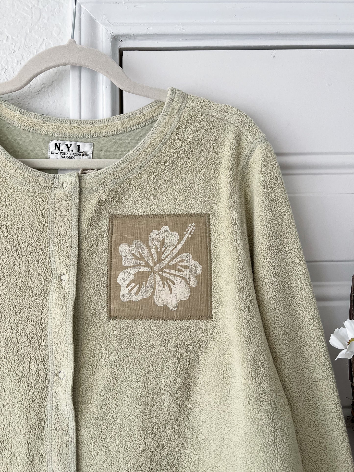 Reworked XL Lino Print Hibiscus Appliqué N.Y.L. Cardi