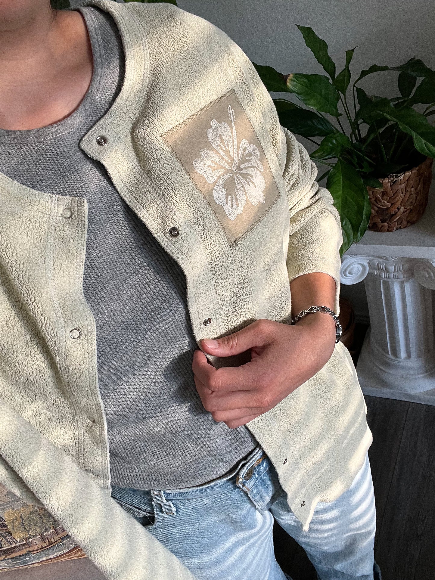 Reworked XL Lino Print Hibiscus Appliqué N.Y.L. Cardi