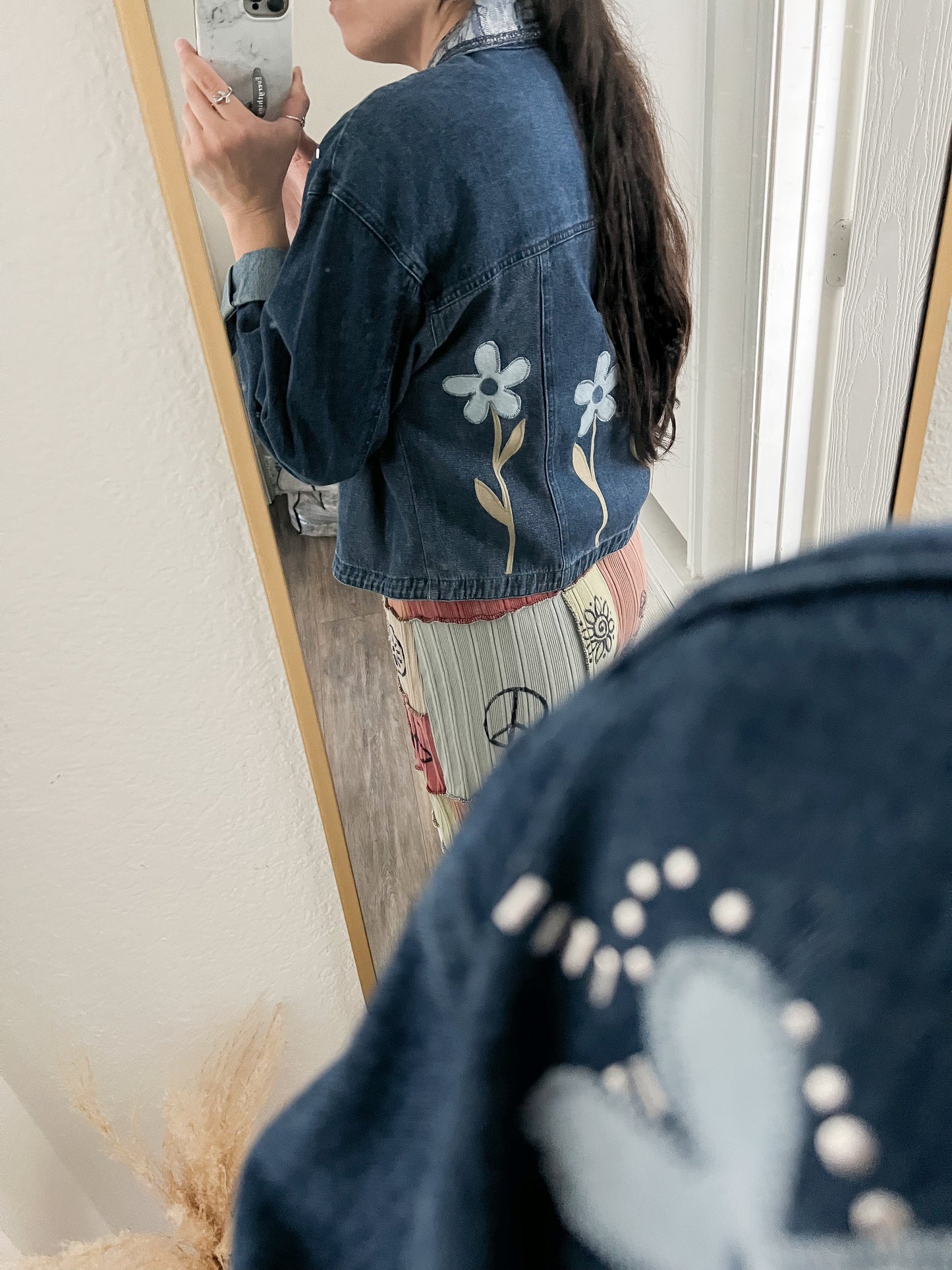 Reworked Large City Girl Sport Floral Appliqué Denim Jacket