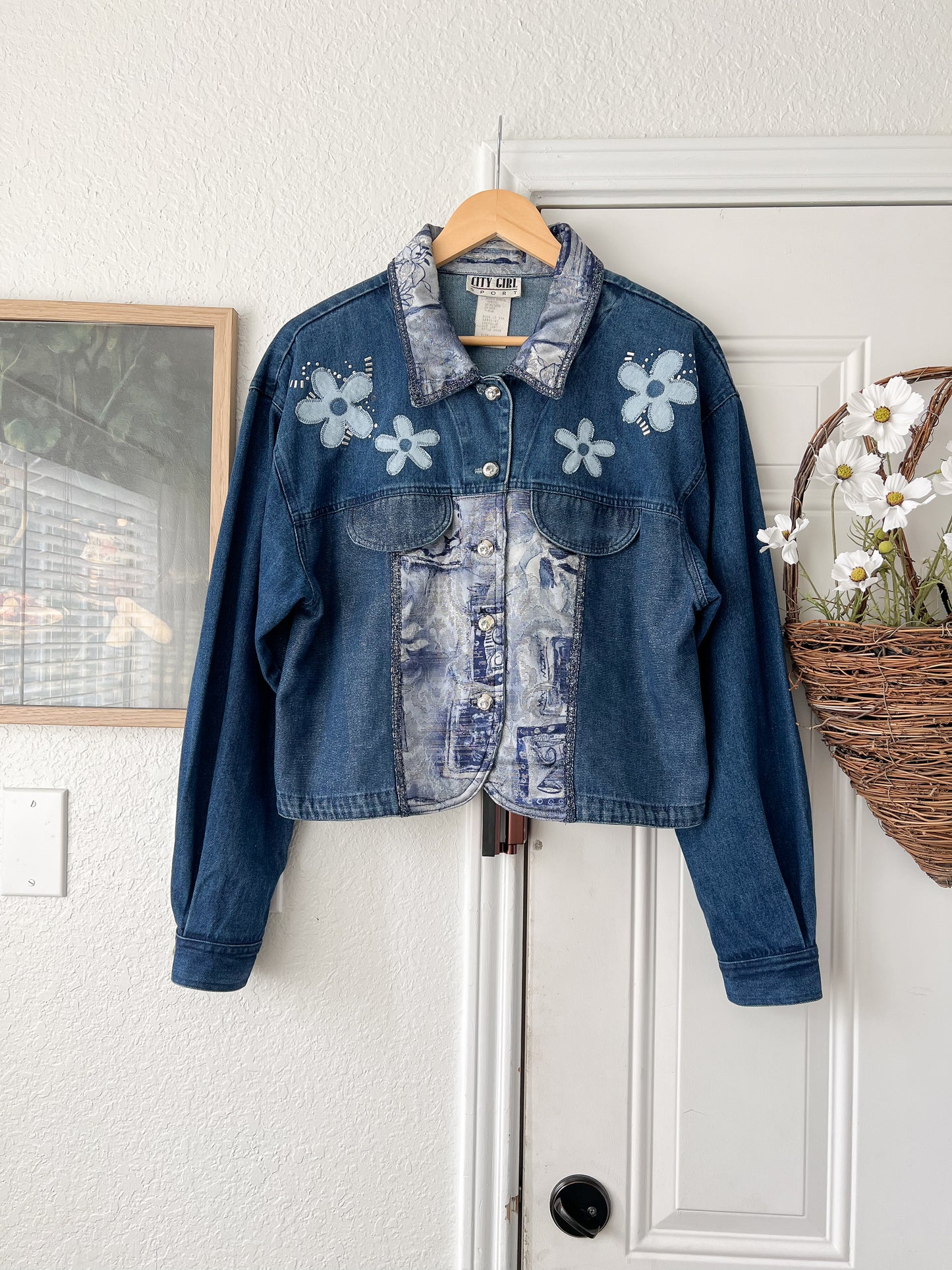Reworked Large City Girl Sport Floral Appliqué Denim Jacket