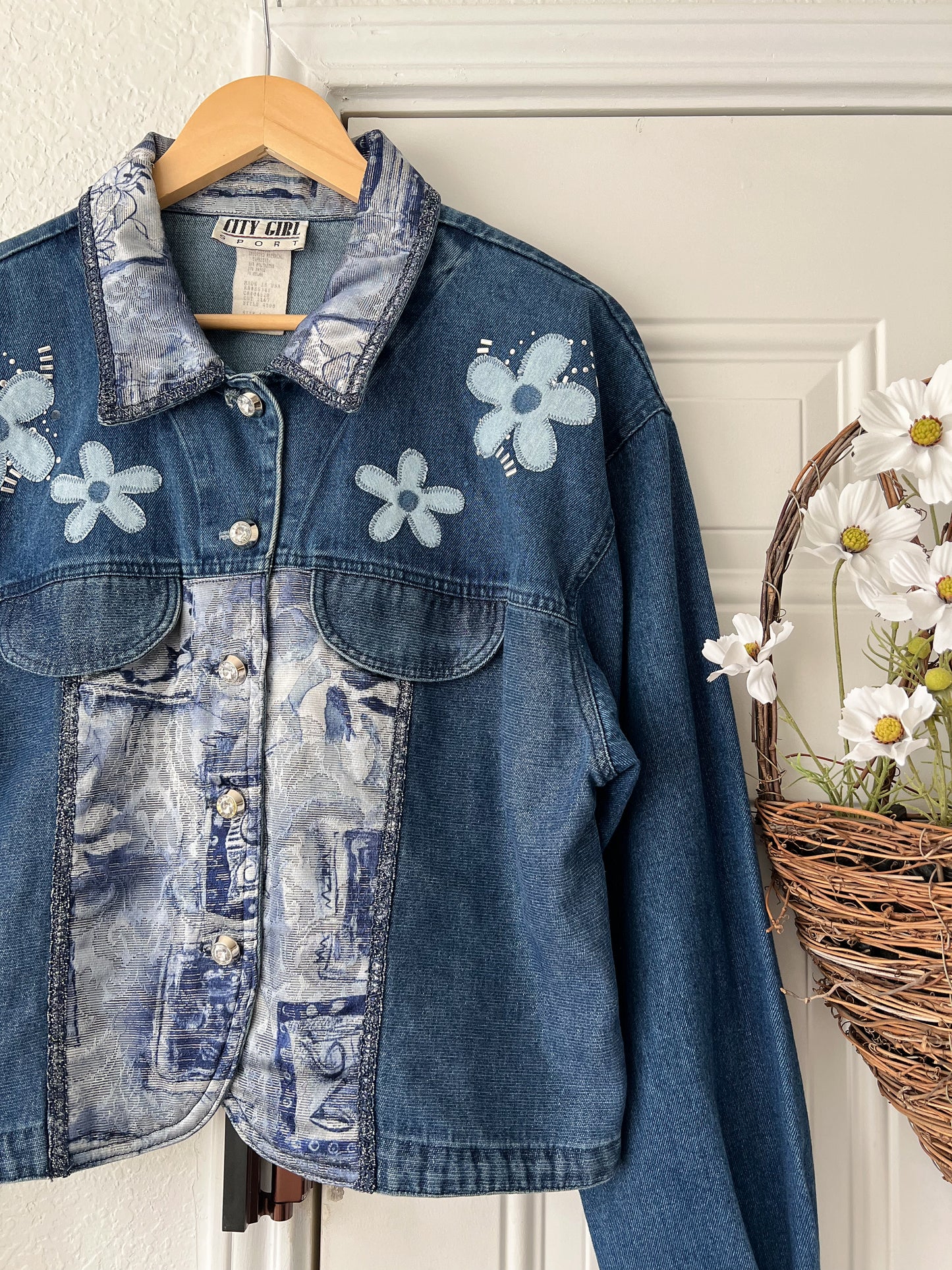 Reworked Large City Girl Sport Floral Appliqué Denim Jacket
