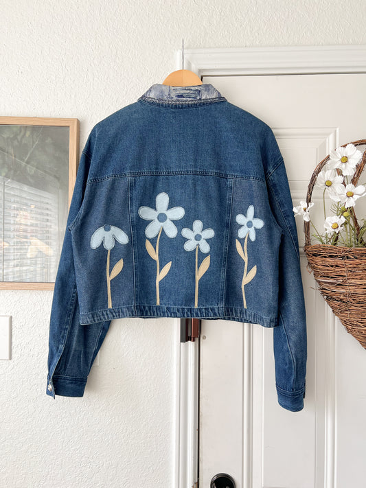 Reworked Large City Girl Sport Floral Appliqué Denim Jacket