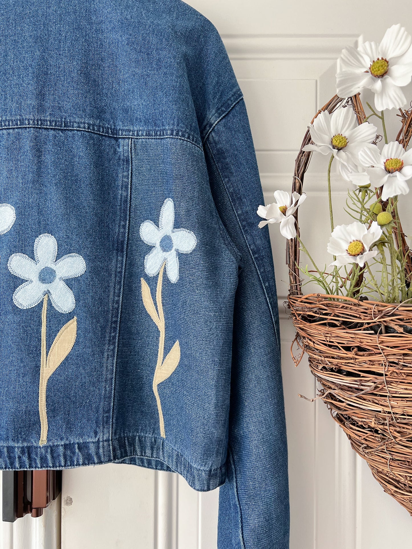 Reworked Large City Girl Sport Floral Appliqué Denim Jacket
