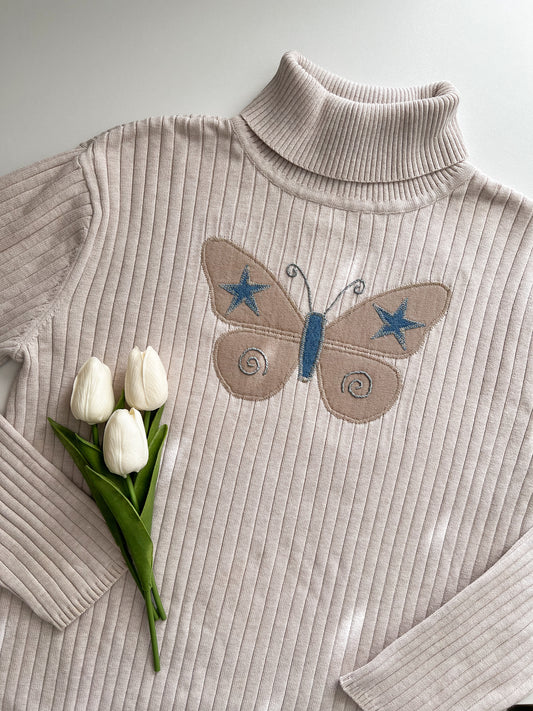 Reworked Large Butterfly Appliqué Hand-embroidered Talbots Turtleneck Top