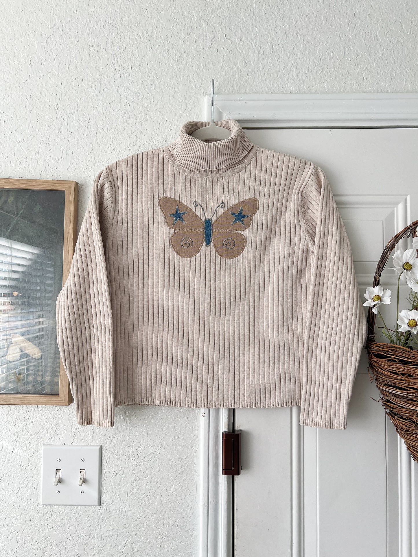 Reworked Large Butterfly Appliqué Hand-embroidered Talbots Turtleneck Top