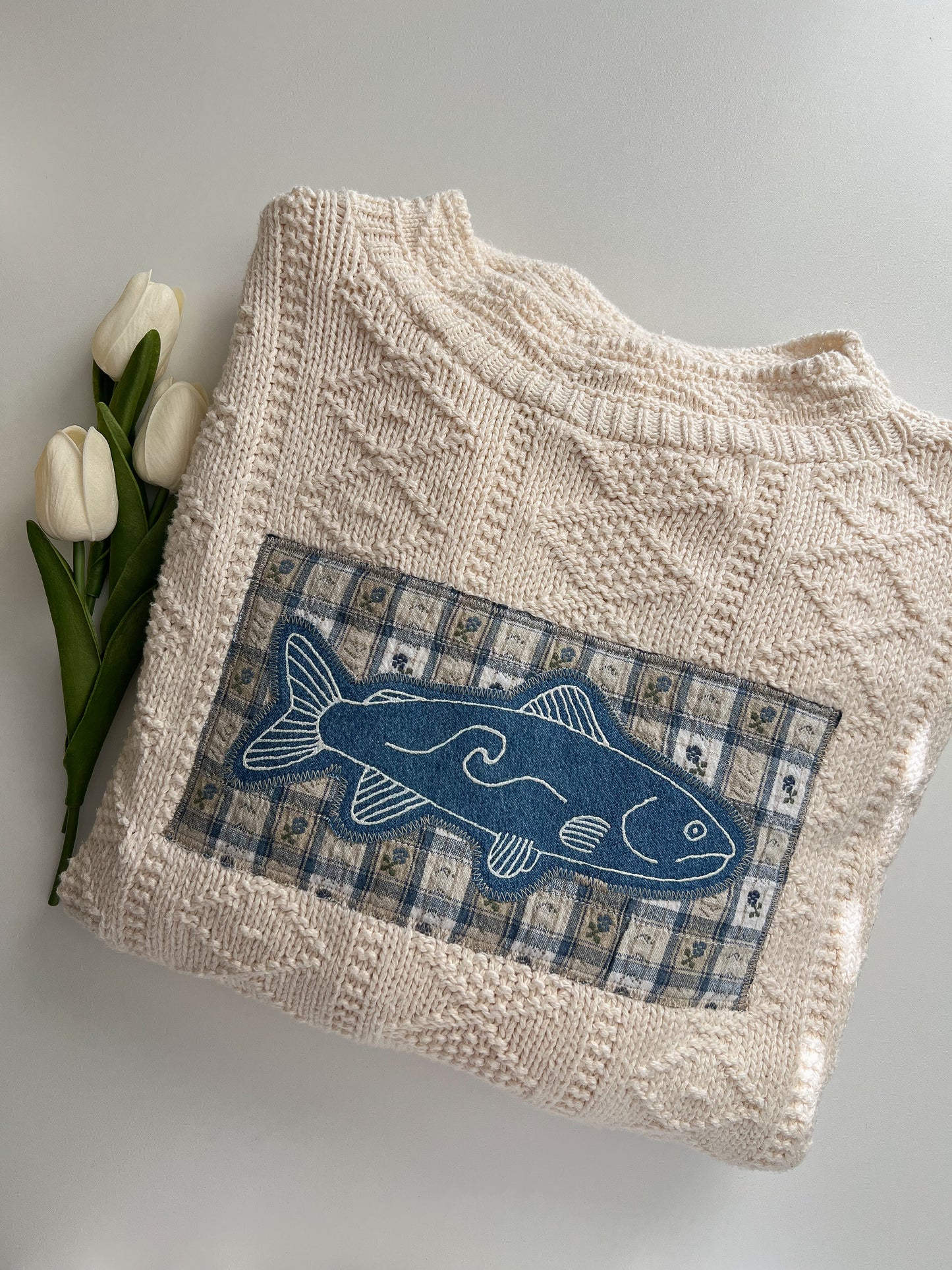 Reworked Large Hand-painted Fish Appliqué American Crew Club Sweater