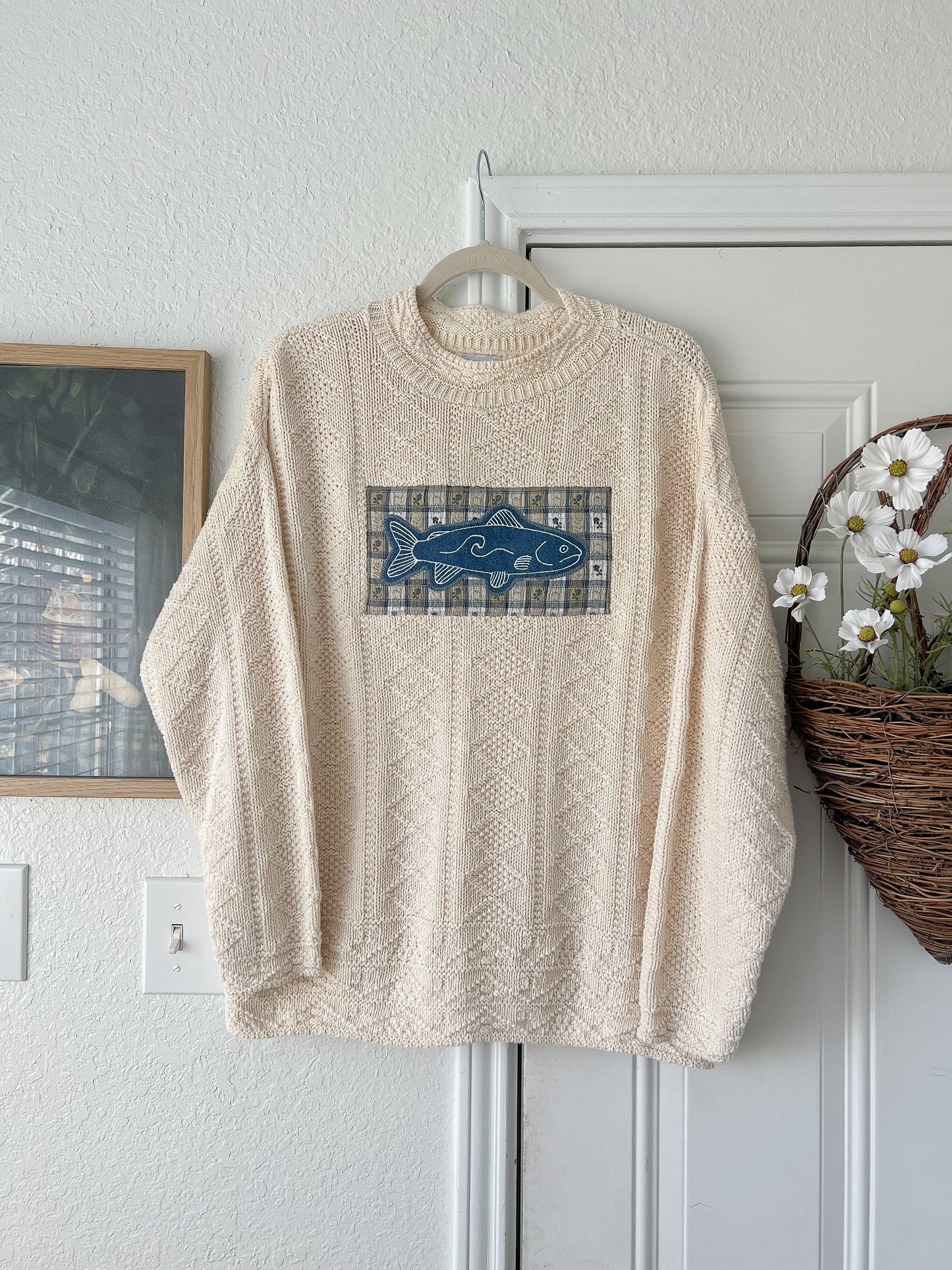 Reworked Large Hand-painted Fish Appliqué American Crew Club Sweater