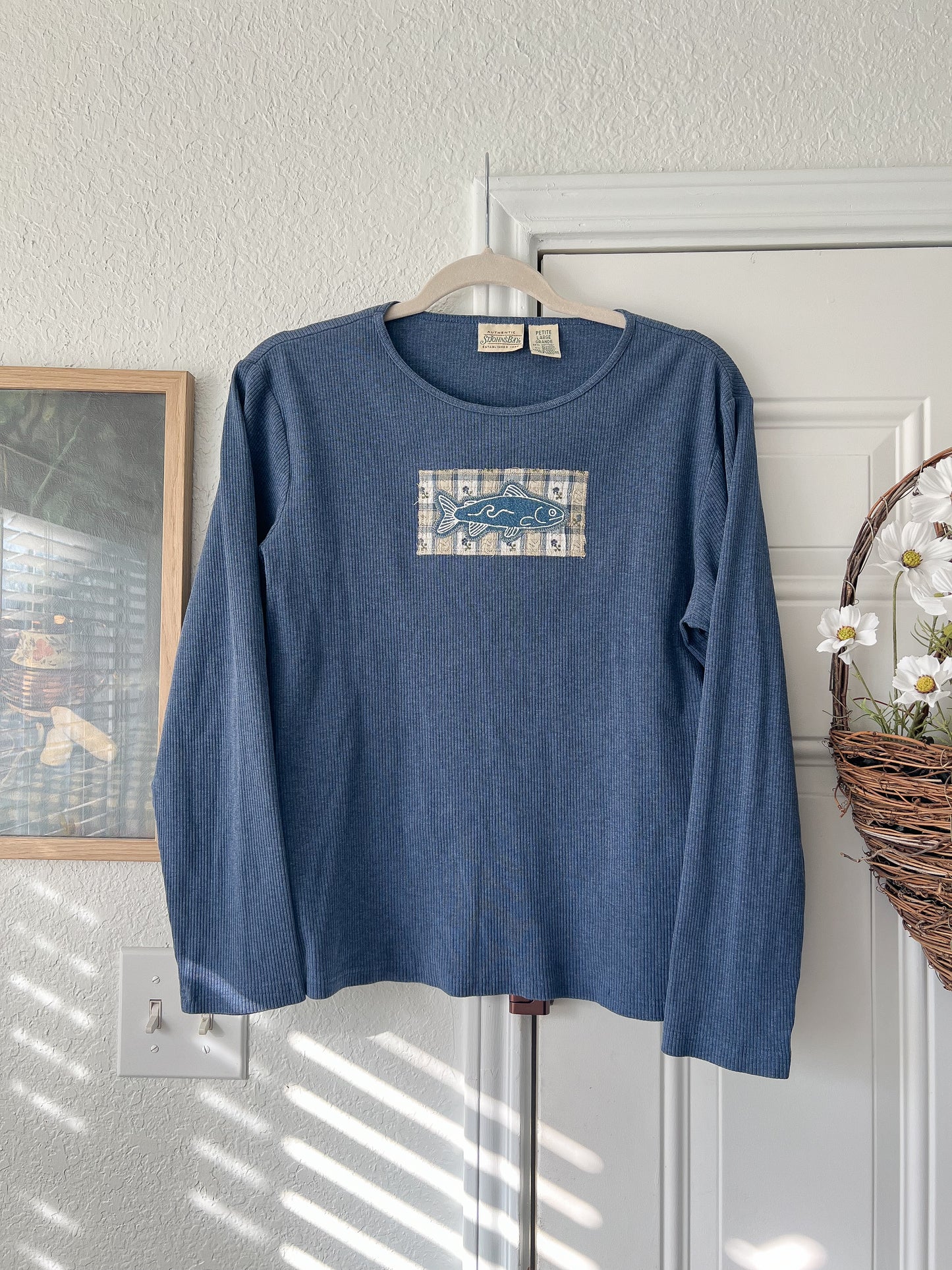 Reworked Large Hand-painted Fish Appliqué St. John’s Bay Long Sleeve Top