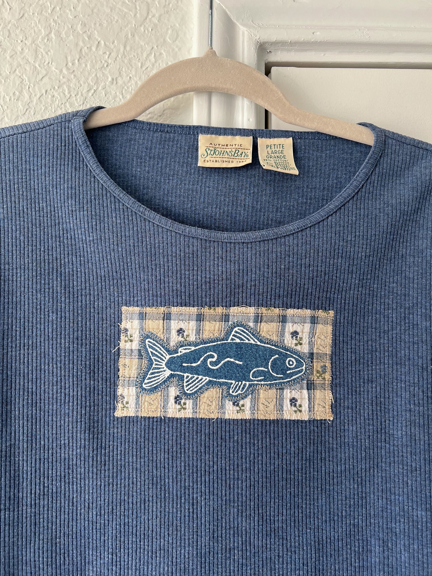 Reworked Large Hand-painted Fish Appliqué St. John’s Bay Long Sleeve Top
