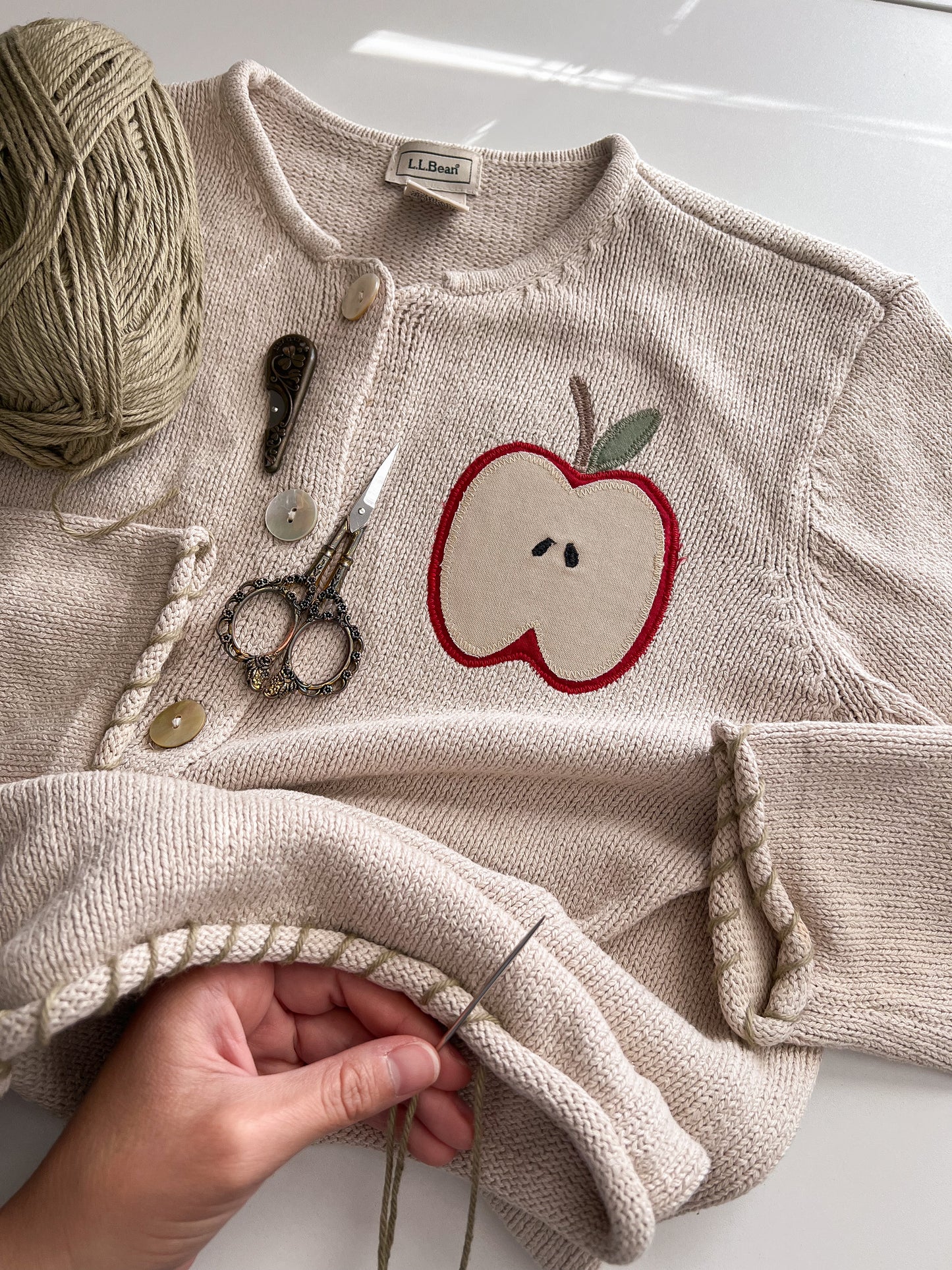 Reworked Large L.L. Bean Apple Appliqué Cardigan