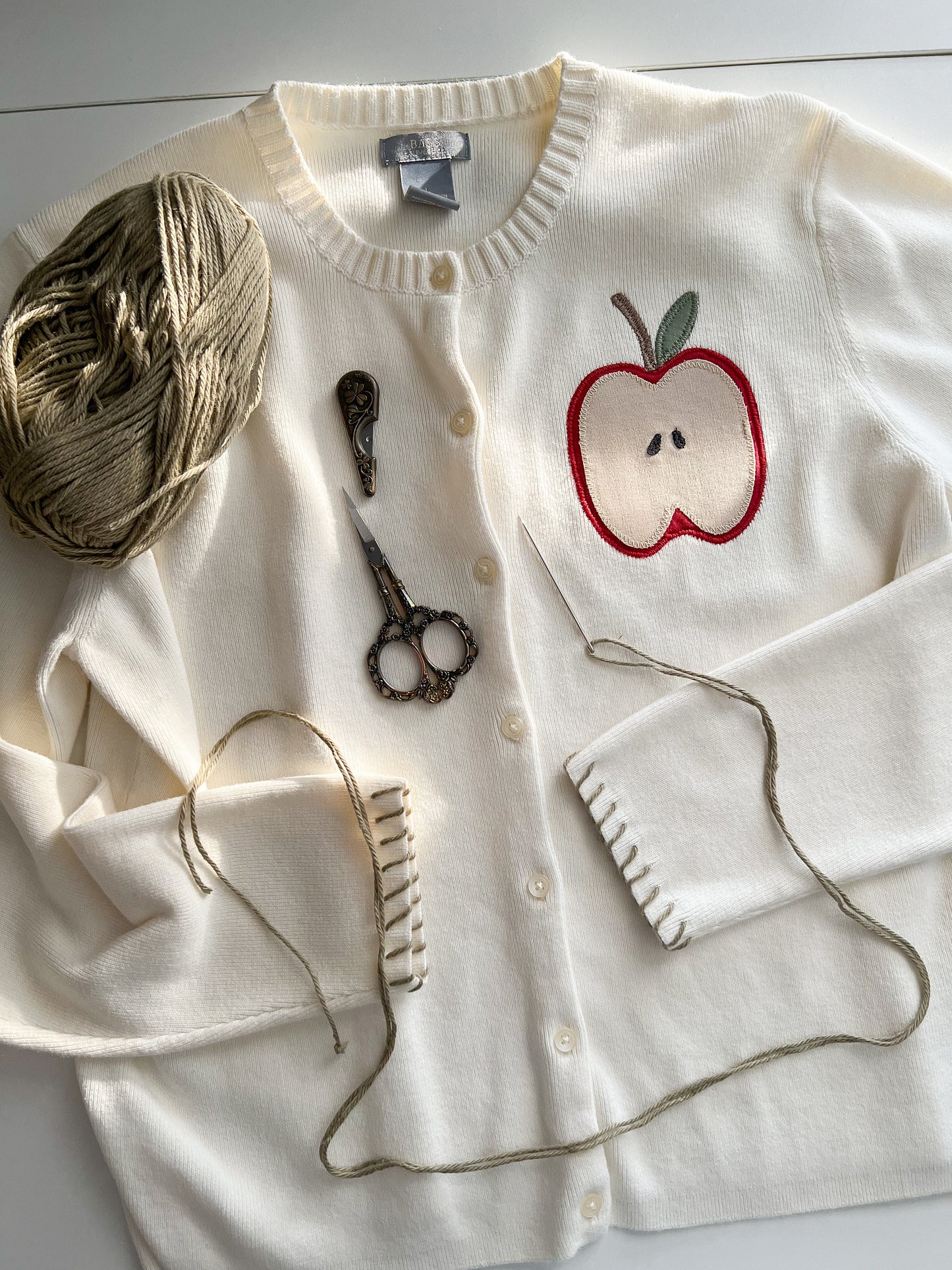 Reworked Large Bass Apple Appliqué Cardigan