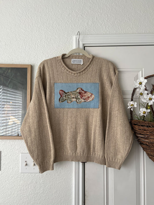 Reworked Medium Jantzen Hand-painted Fish Appliqué Sweater