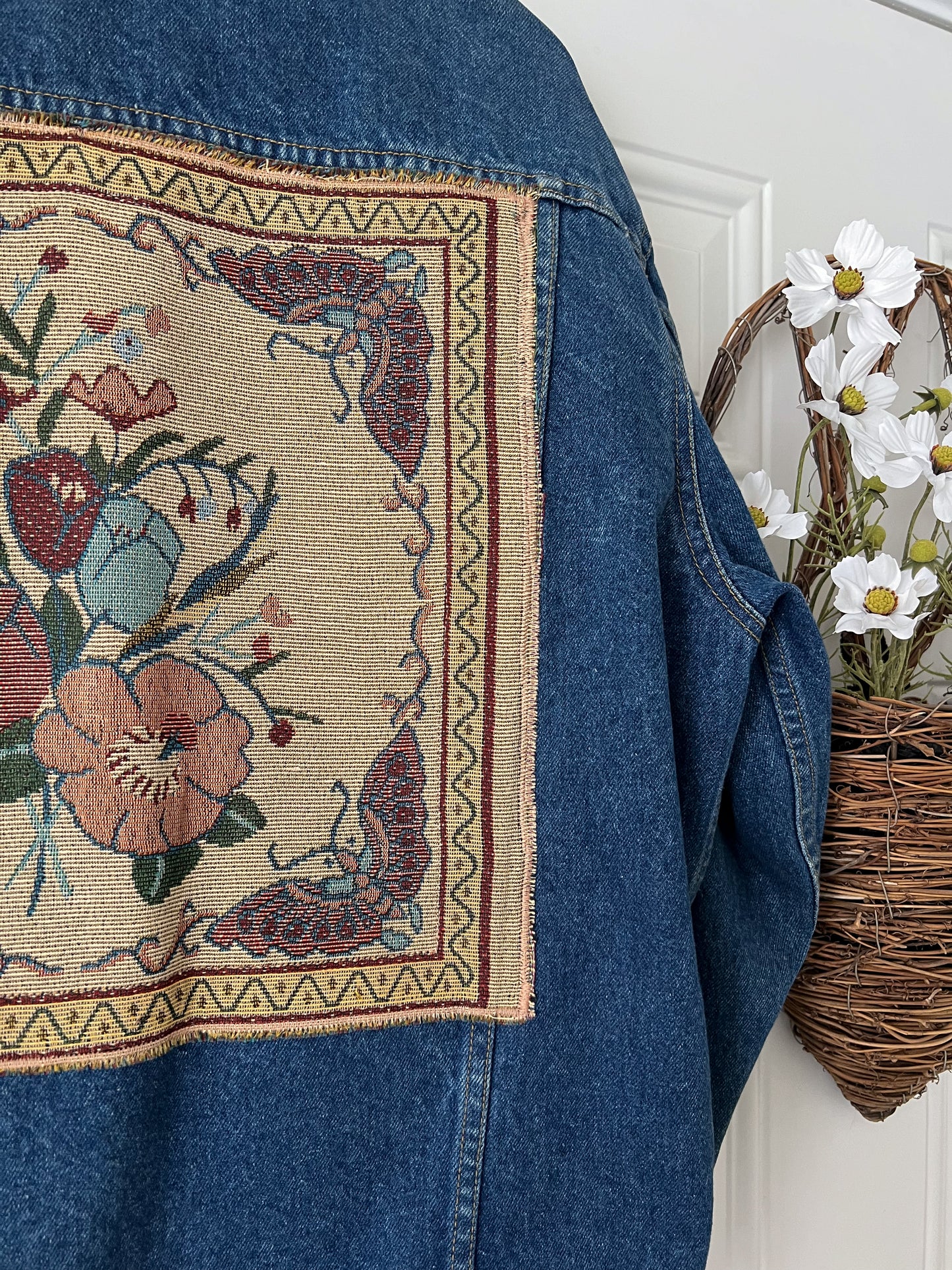 Reworked Large-2XL Rock Creek Tapestry Appliqué Denim Jacket