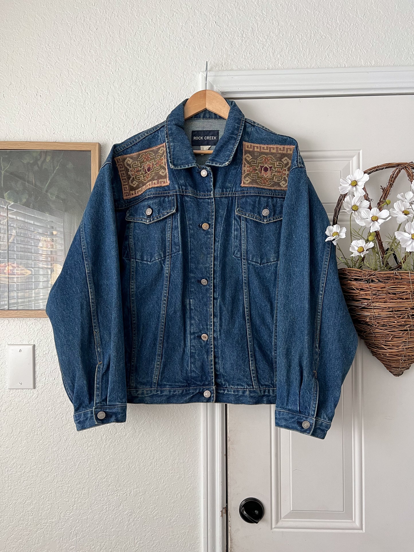 Reworked Large-2XL Rock Creek Tapestry Appliqué Denim Jacket