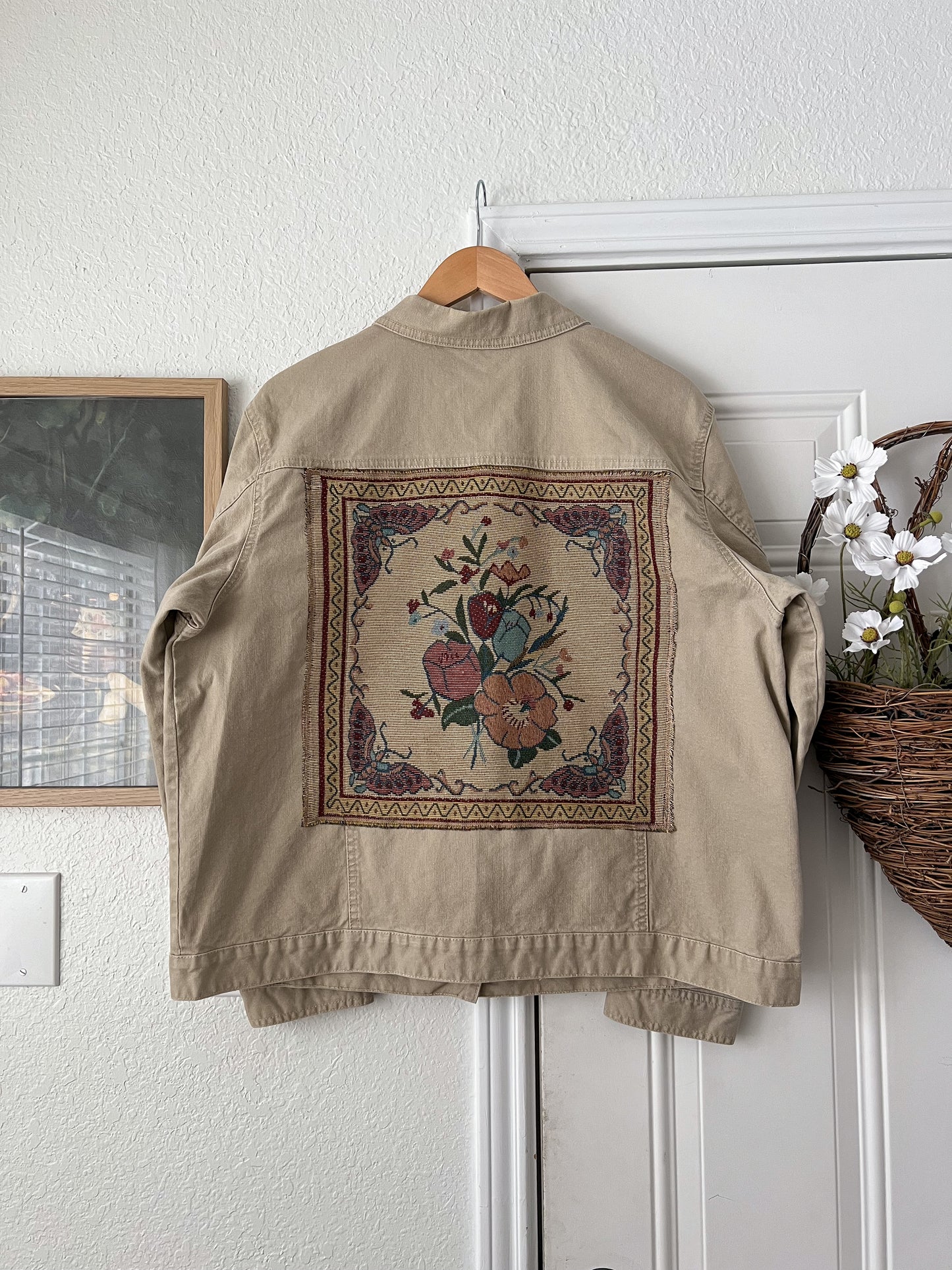 Reworked XL-2XL Vicki Wayne’s Tapestry Appliqué Denim Jacket