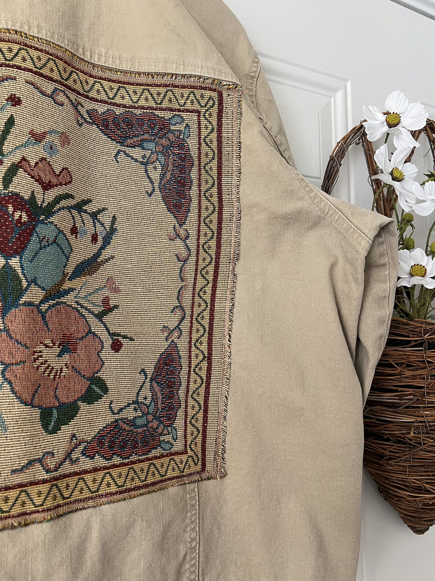 Reworked XL-2XL Vicki Wayne’s Tapestry Appliqué Denim Jacket