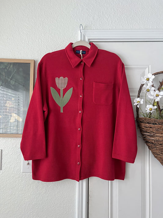 Reworked 1X Karen Scott Tulip Appliqué Button Up