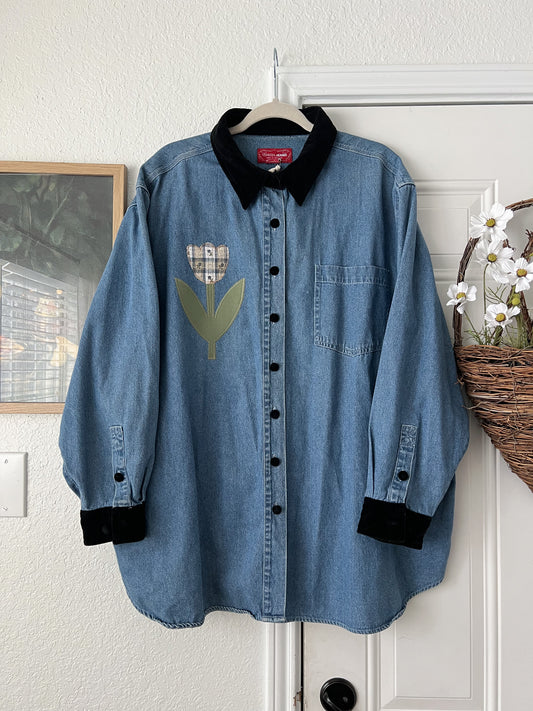 Reworked XL-4XL Venezia Jeans Tulip Appliqué Button Up