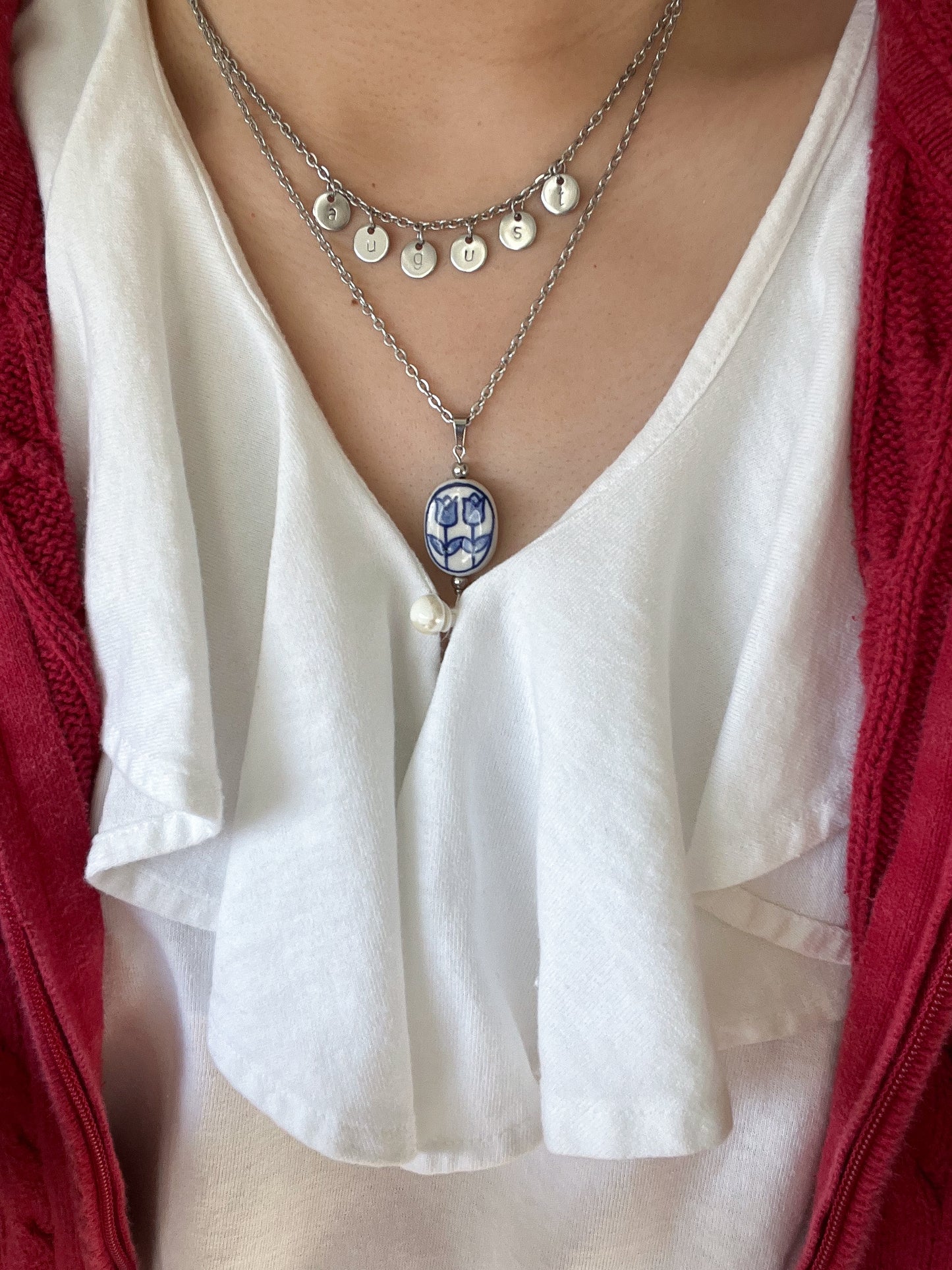 Blue Tulips 18in Stainless Steel & Ceramic Necklace