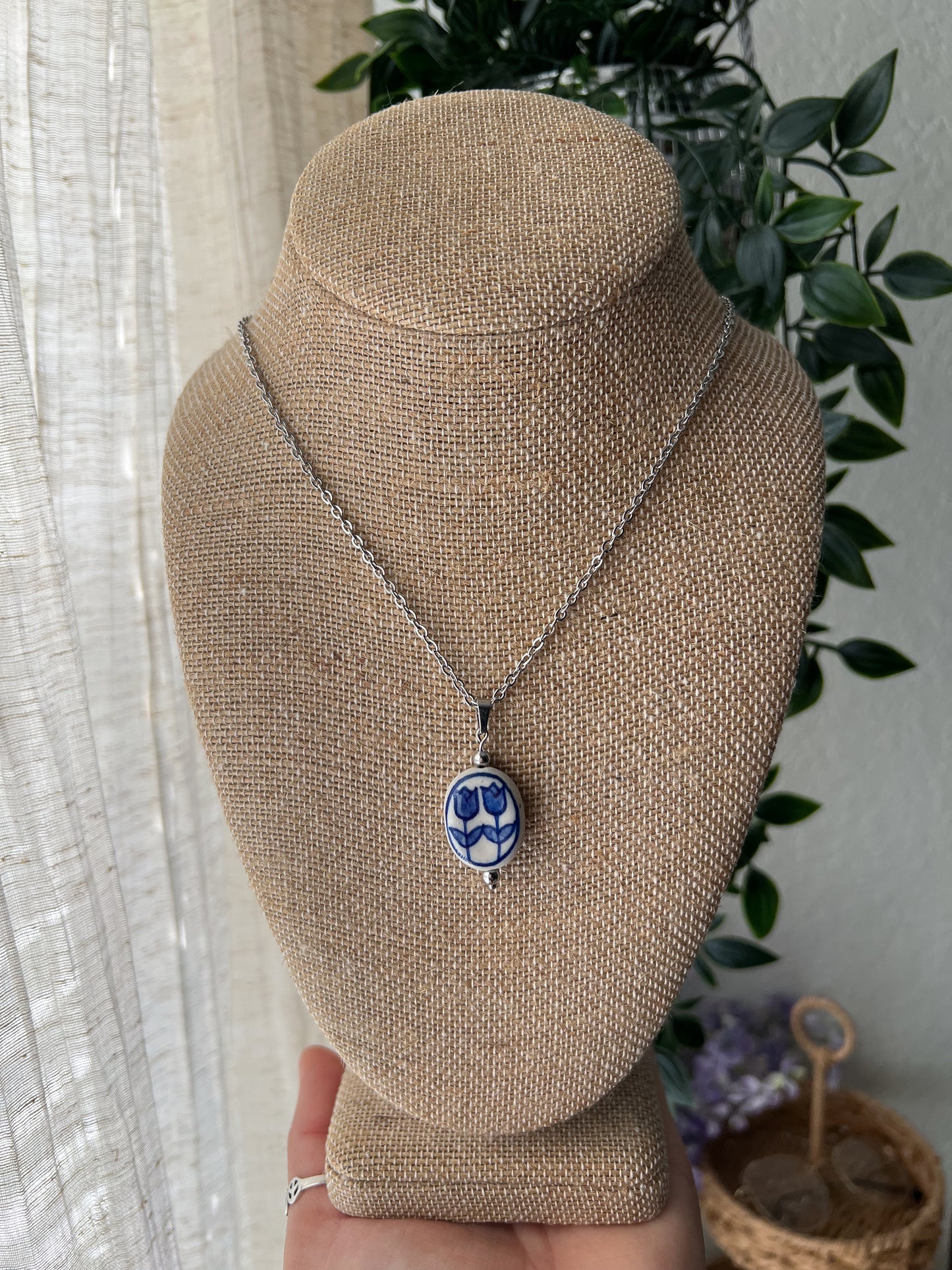 Blue Tulips 18in Stainless Steel & Ceramic Necklace