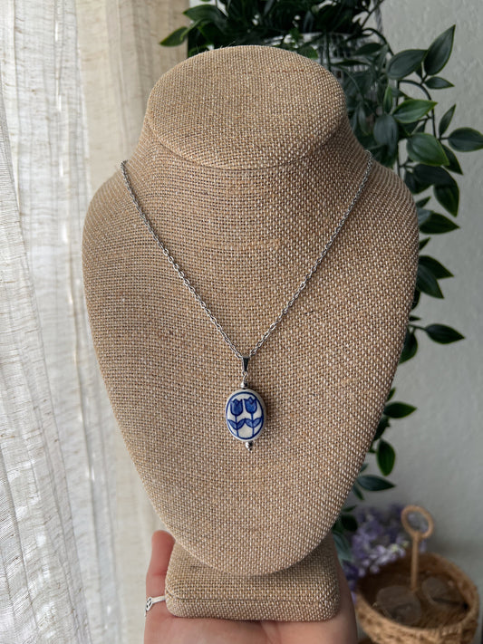 Blue Tulips 18in Stainless Steel & Ceramic Necklace
