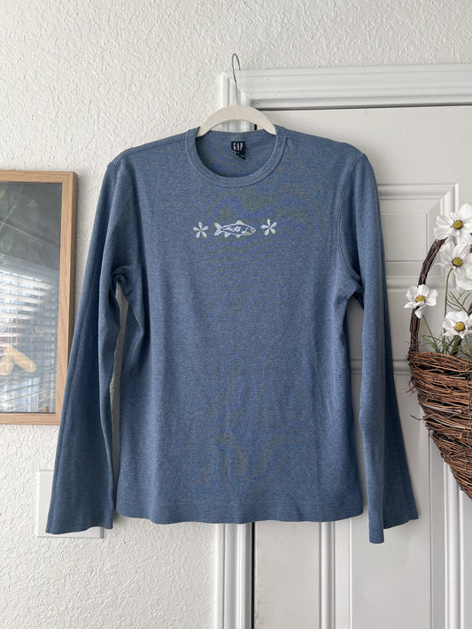 Small Reworked Lino Print Fish & Flowers Gap Long Sleeve Top