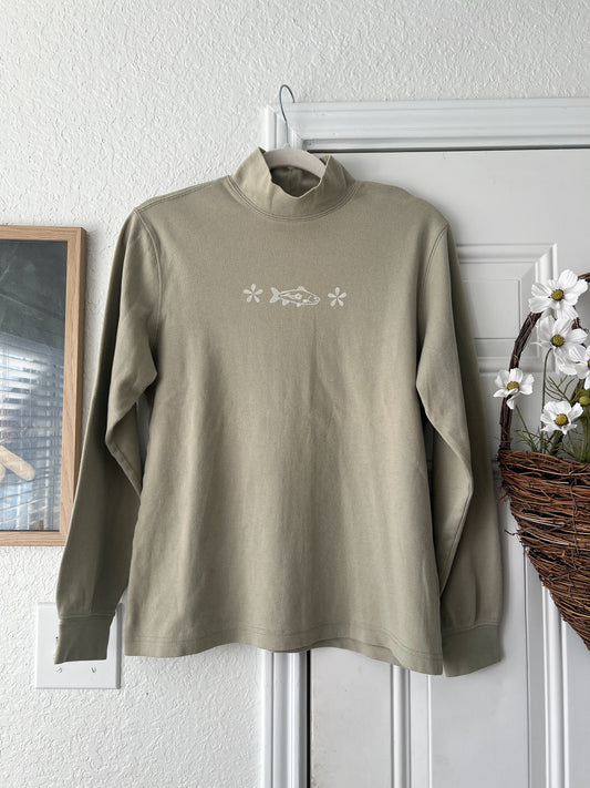 Small Reworked Lino Print Fish & Flowers Lands End Long Sleeve Top