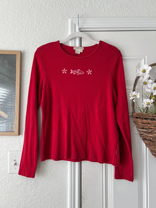 Medium Reworked Lino Print Fish & Flowers Royal Robbins Long Sleeve Top