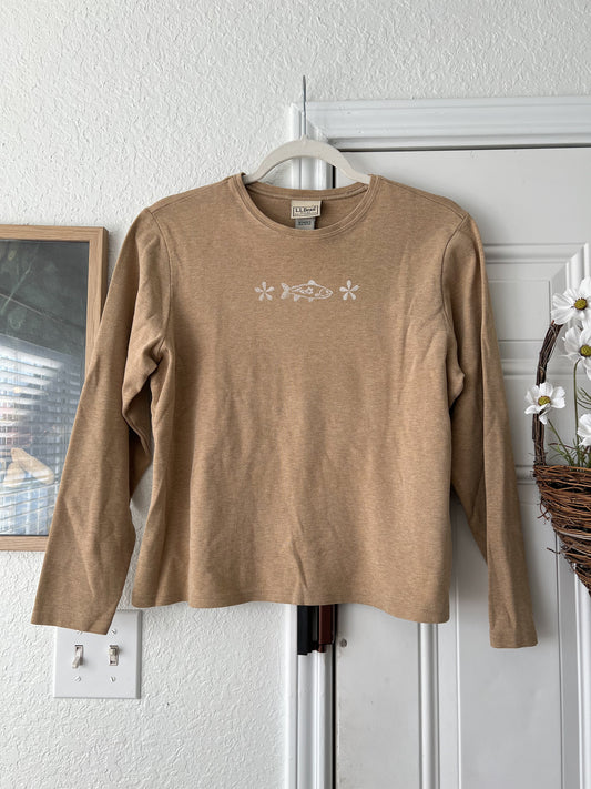 Medium Reworked Lino Print Fish & Flowers L.L. Bean Long Sleeve Top