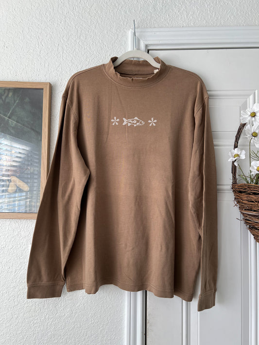 Large Reworked Lino Print Fish & Flowers Croft & Barrow Long Sleeve Top (fading on front)