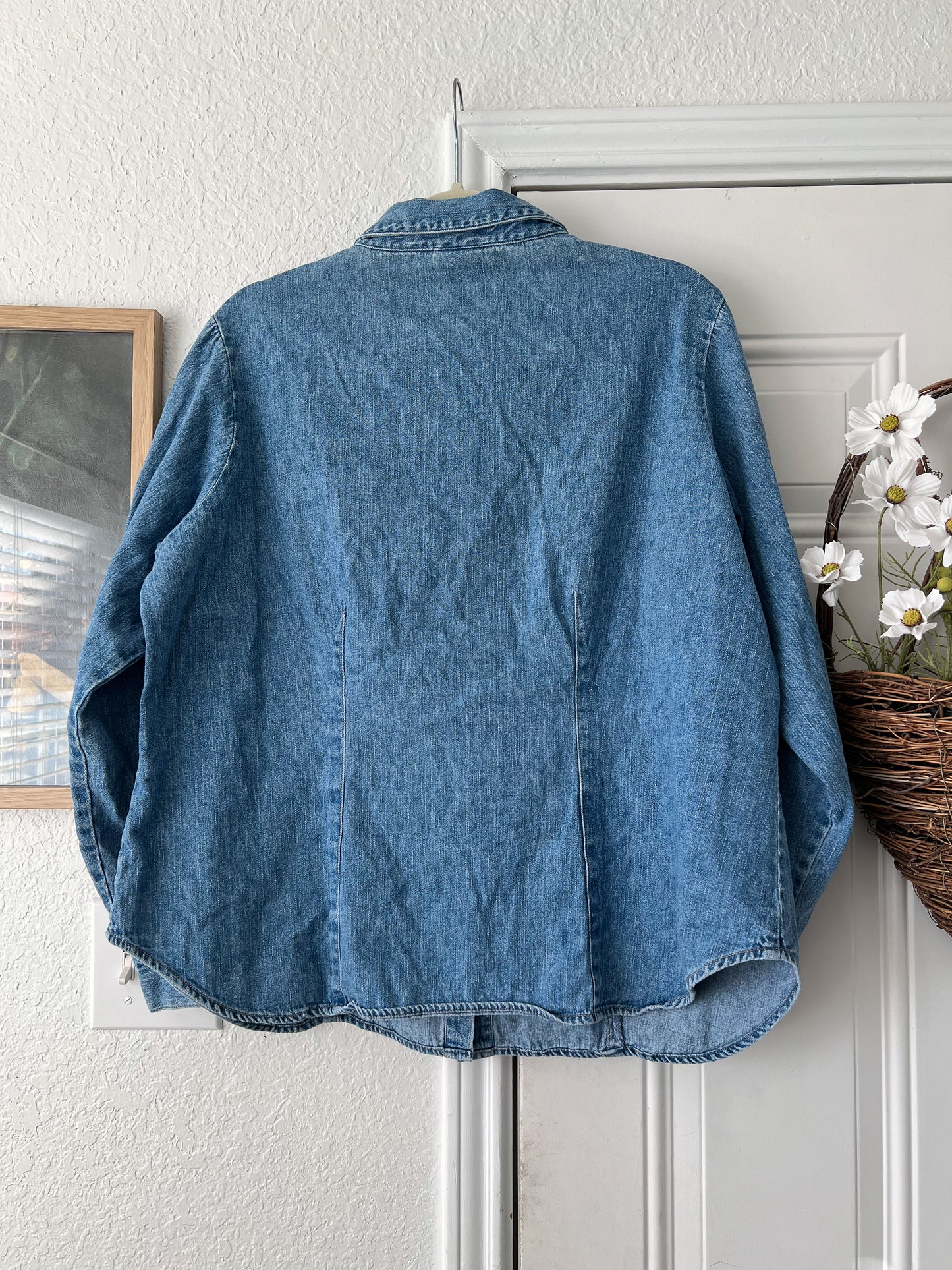 Reworked L/XL Lino Print Venezia Jeans Button Up