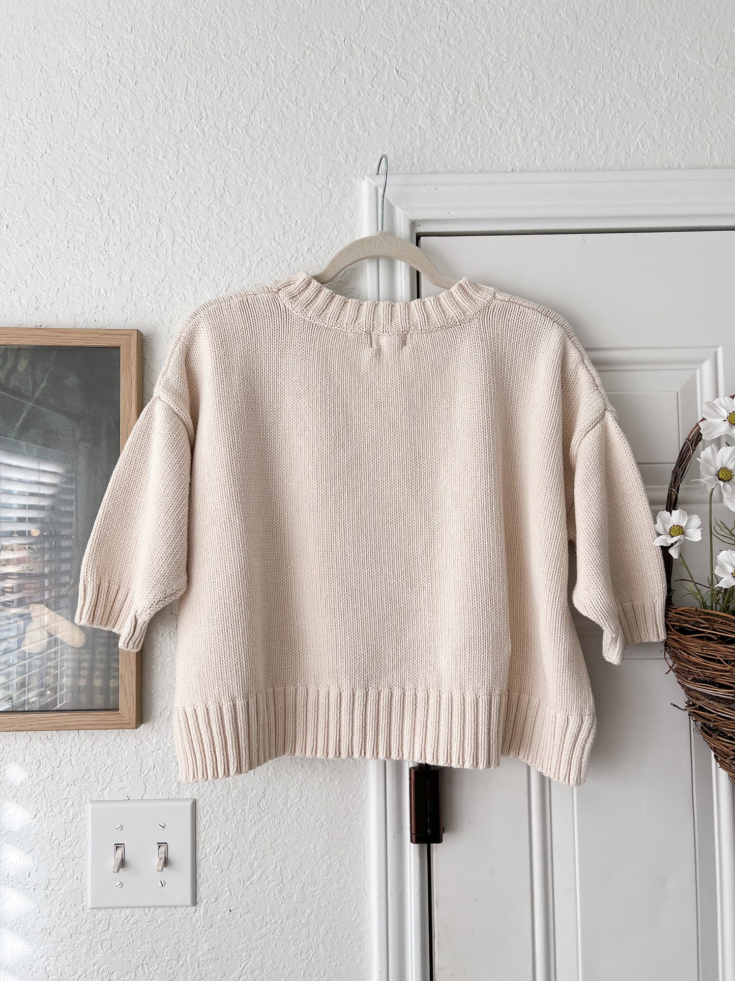 XL Reworked Honest Cotton Lino Print Star Pear Appliqué Top